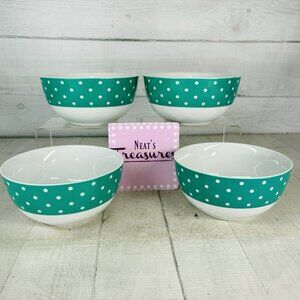 Isaac Mizahi DOT LUXE Green Teal Polka Dot Porcelain Soup Cereal Bowls Set of 4